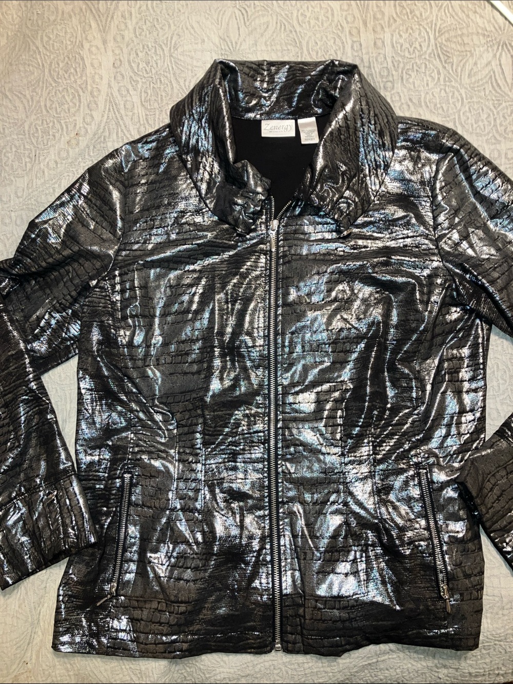 Shiny Black Croc-Texture Zip Jacket